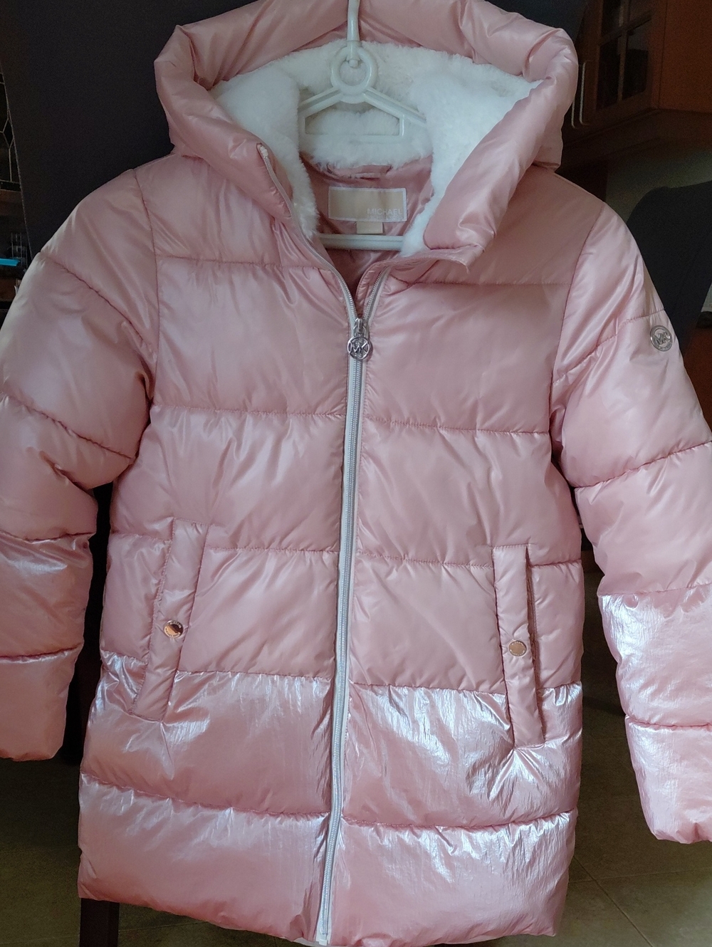 MICHAEL Michael Kors Girls' Shiny Pale Pink Hooded Puffer Coat